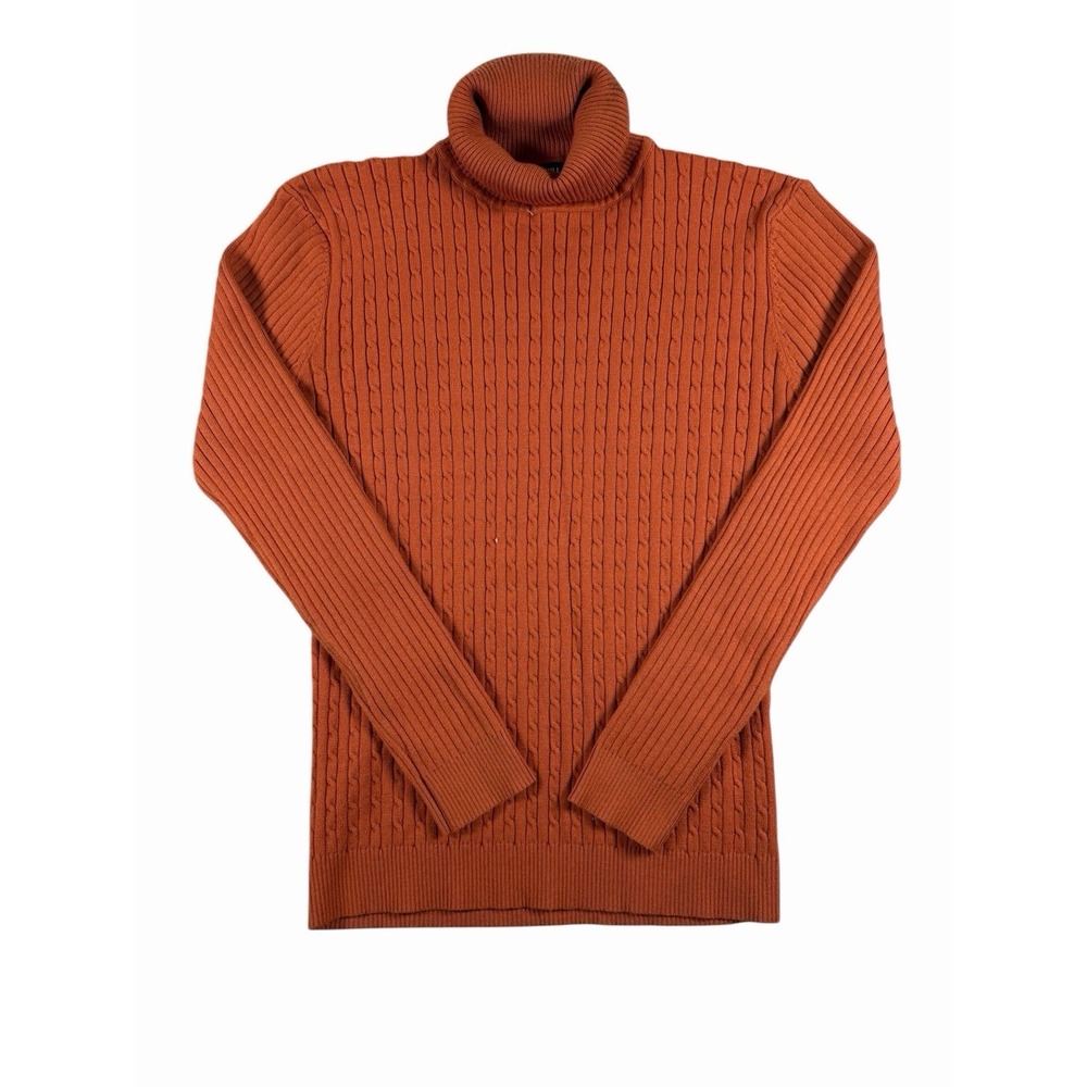 Nine Bull Men's Slim Fit Cable Knit Turtleneck Sweater Orange Size Medium